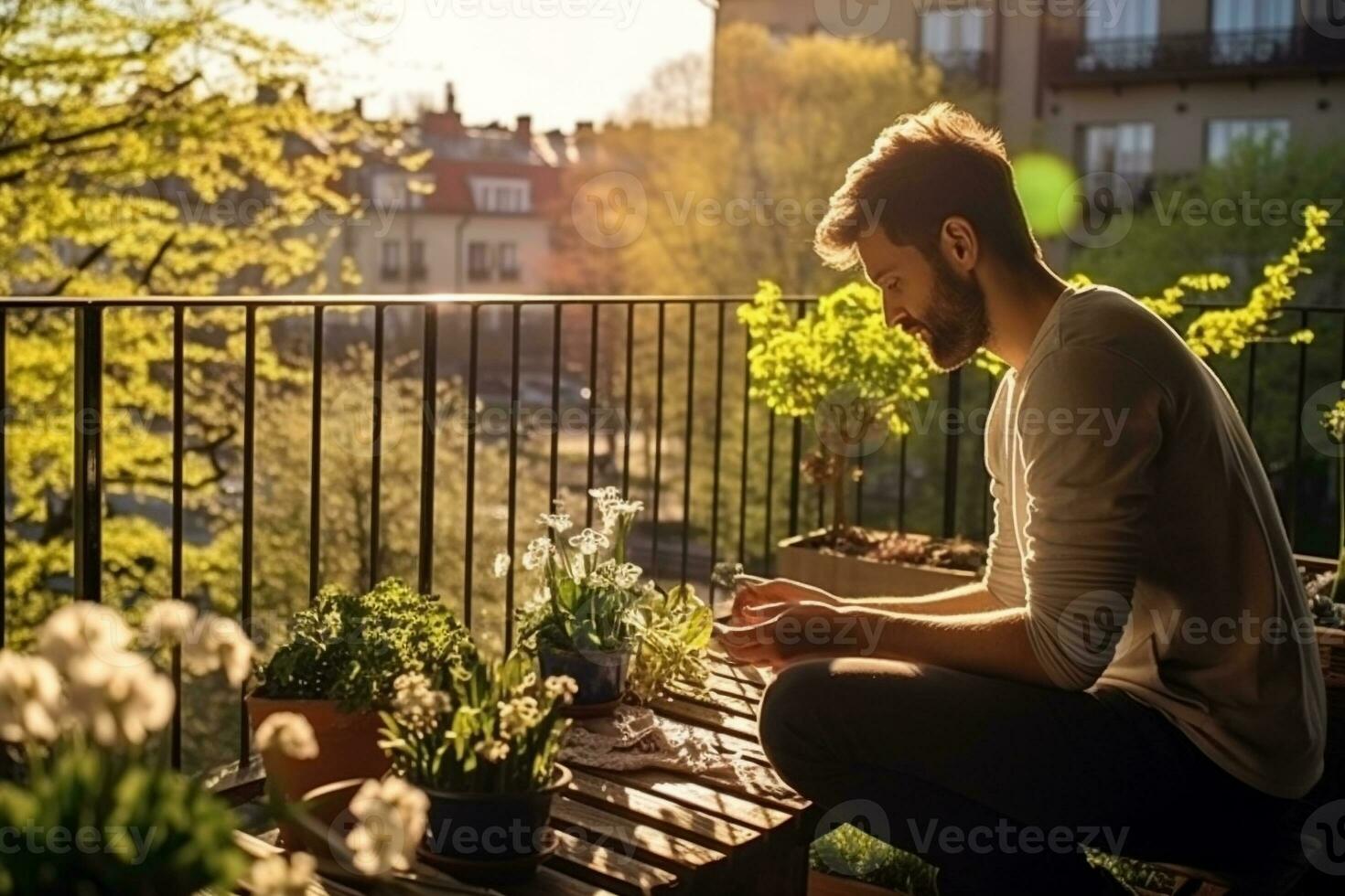 Man embracing a serene morning routine on a sunlit balcony overlooking a vibrant spring garden AI Generative photo