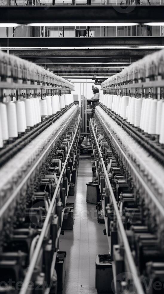 Modern textile factory with automated looms weaving patterns photo