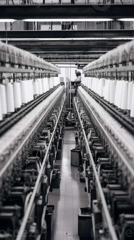 moderno textil fábrica con automatizado telares Costura patrones ai generativo foto