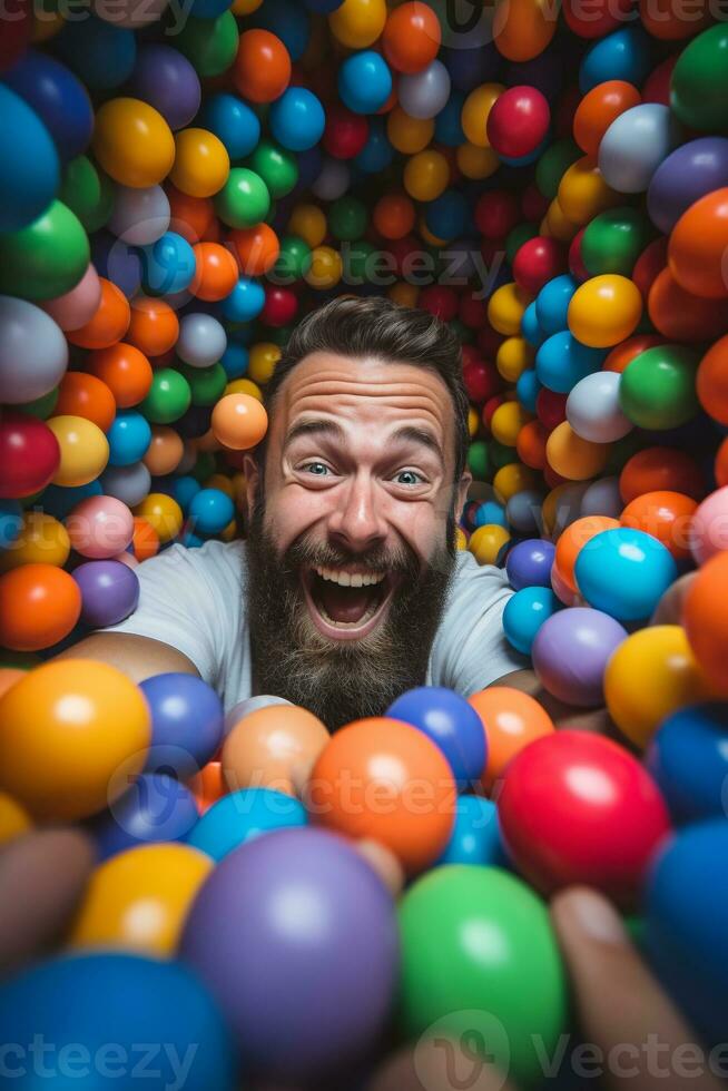 Joy Unleashed - Man Juggles Work Calls in Childlike Ball Pit Play AI Generative photo
