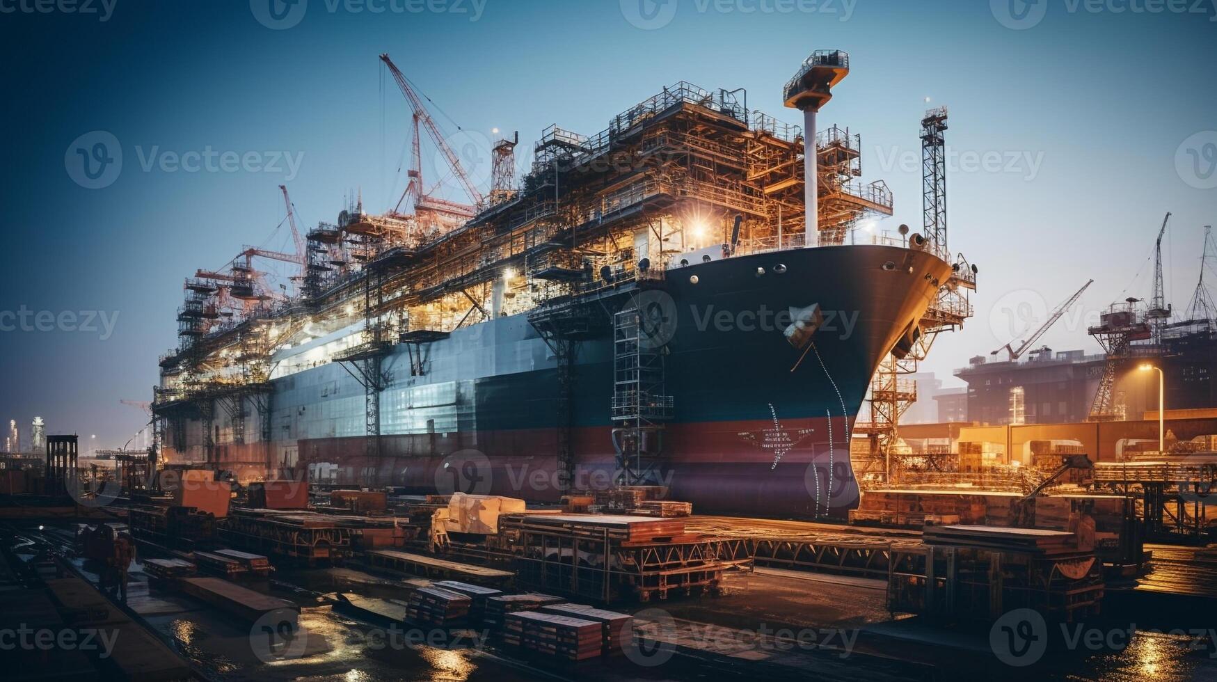 Twilight capture of a massive cargo ship under construction in dry dock photo