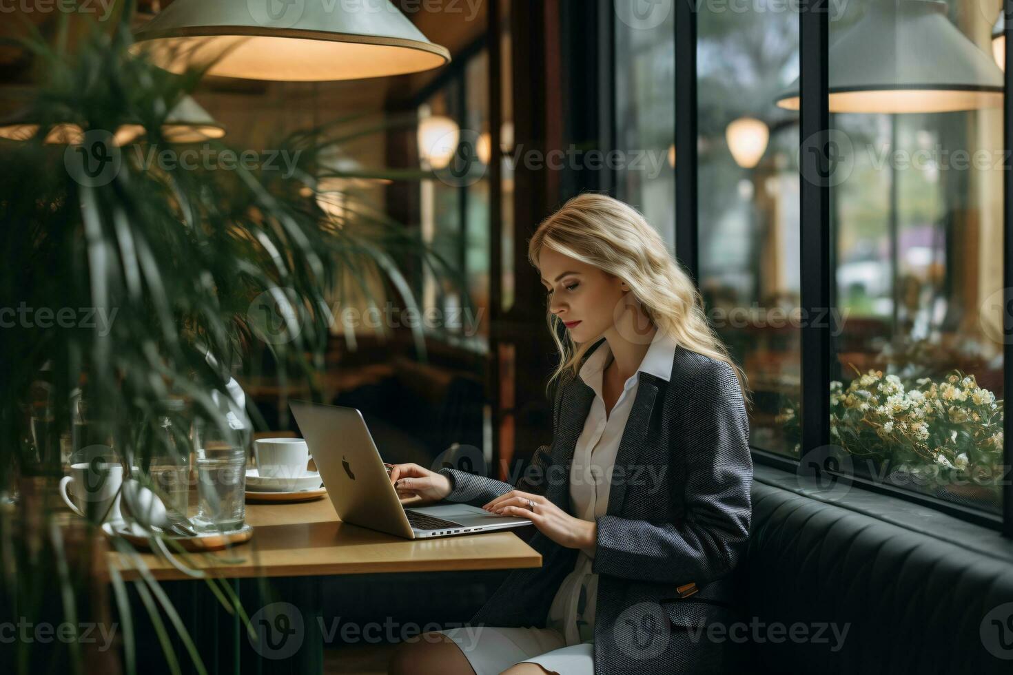 Businesswoman in formal attire working at a cafe with large glass-window copyspace for branding opportunities AI Generative photo