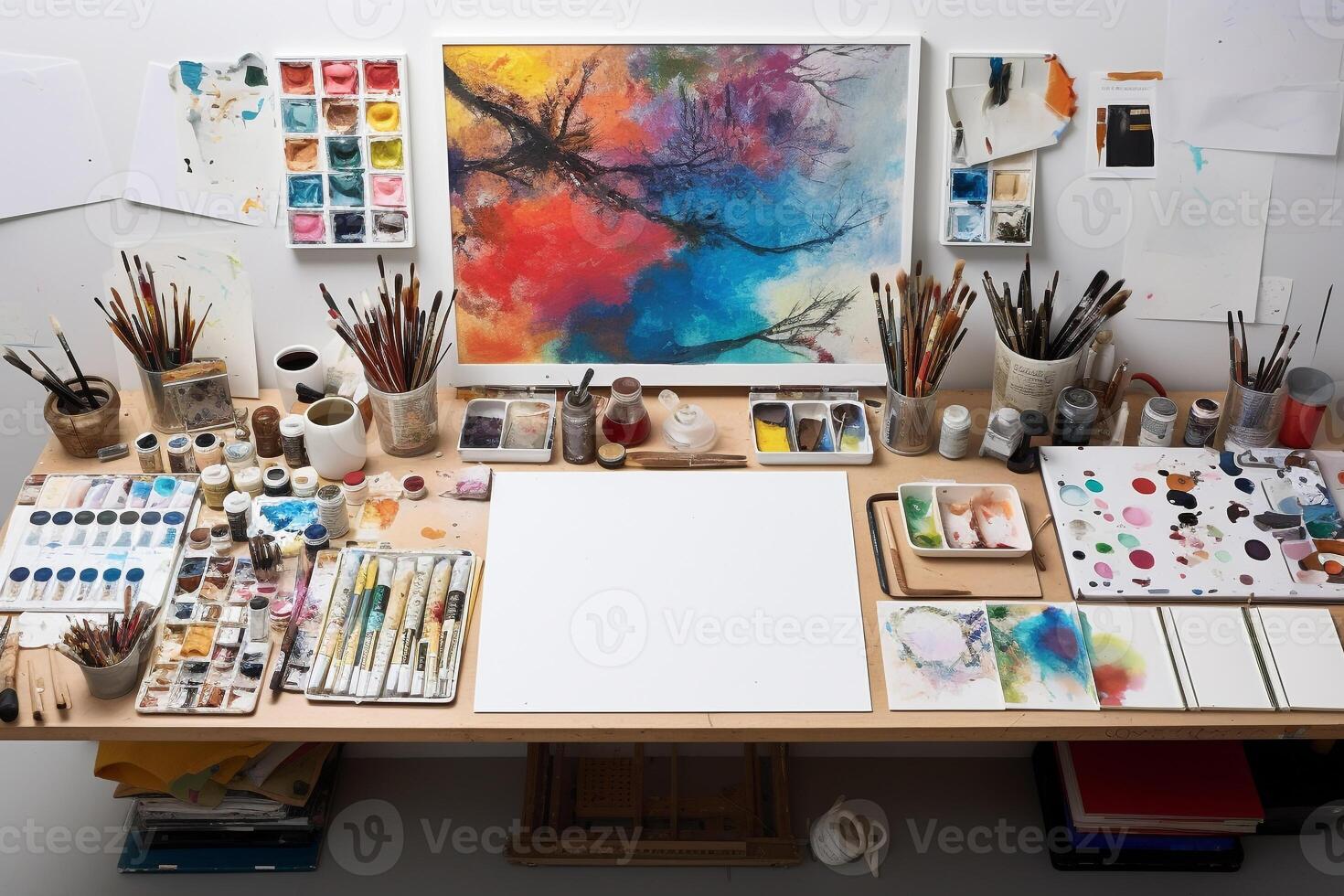 Artist's workspace with blank canvas and art supplies photo