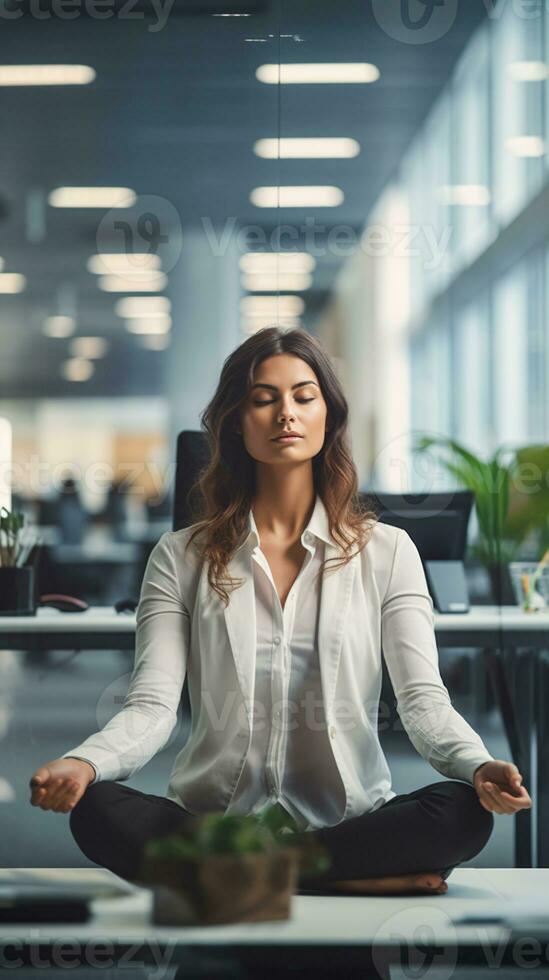 Meditating woman at her bustling office workstation with right-side copyspace showcasing office depth AI Generative photo