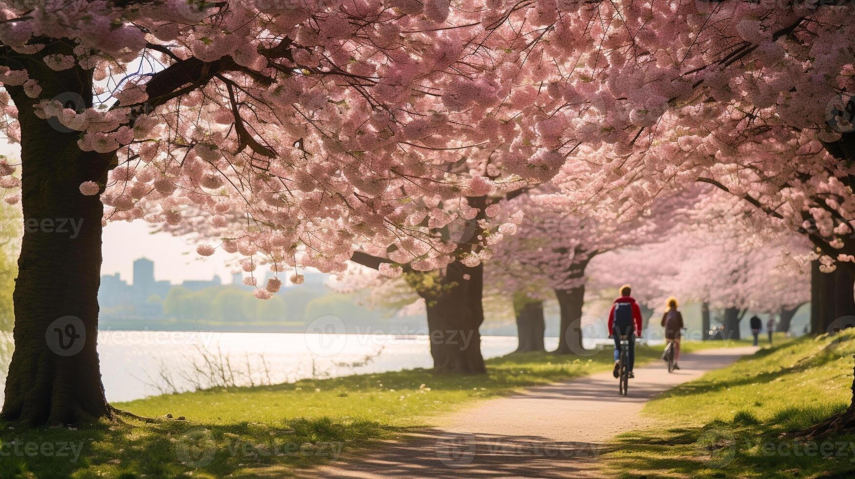 Expansive springtime park scene filled with blooming cherry blossoms and health-conscious individuals photo