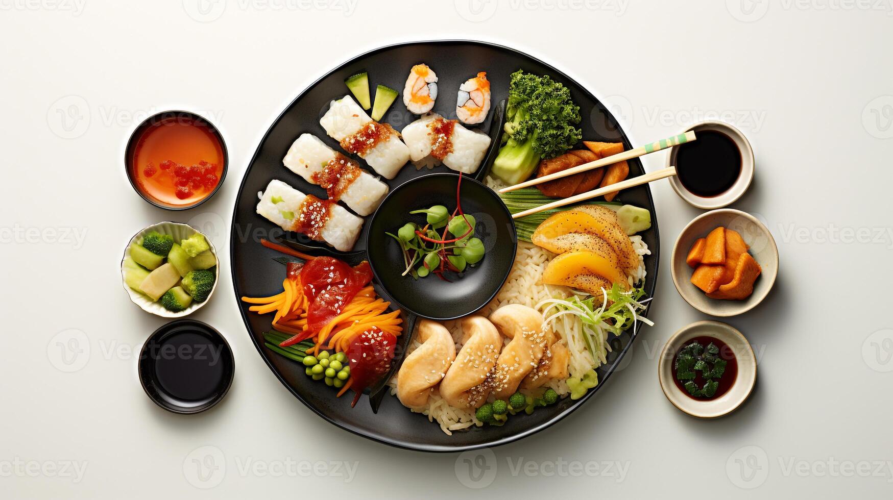 Top view of a simple Asian meal ramen dumplings and sushi illustrating diverse flavors AI Generative photo