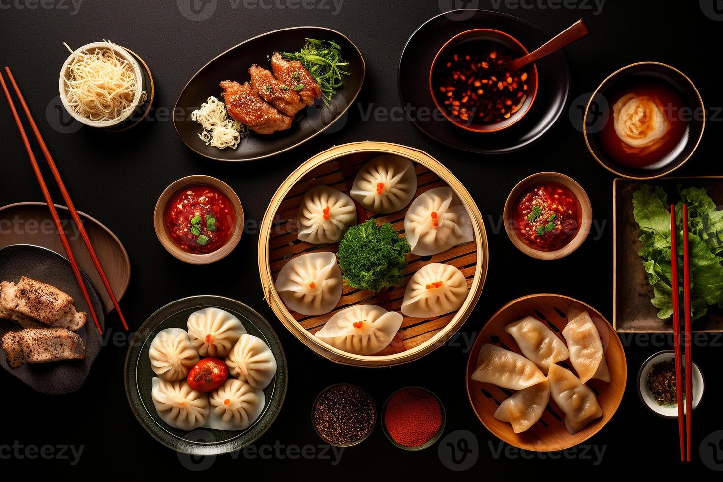 Top view of a simple Asian meal ramen dumplings and sushi illustrating diverse flavors photo