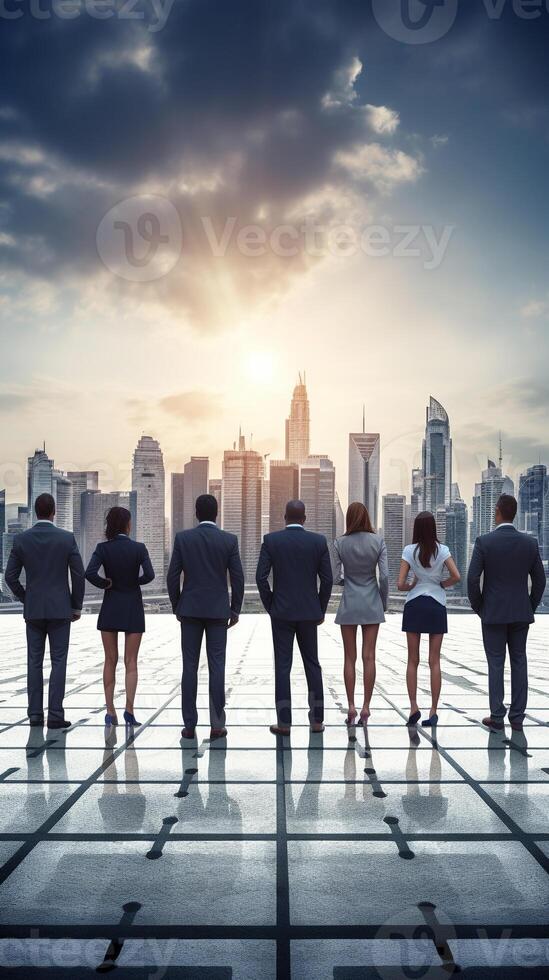 Business professionals on the start line of a running track against a cityscape photo
