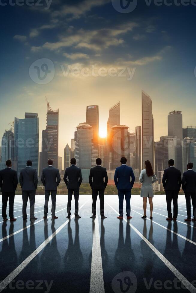 Business professionals on the start line of a running track against a cityscape photo