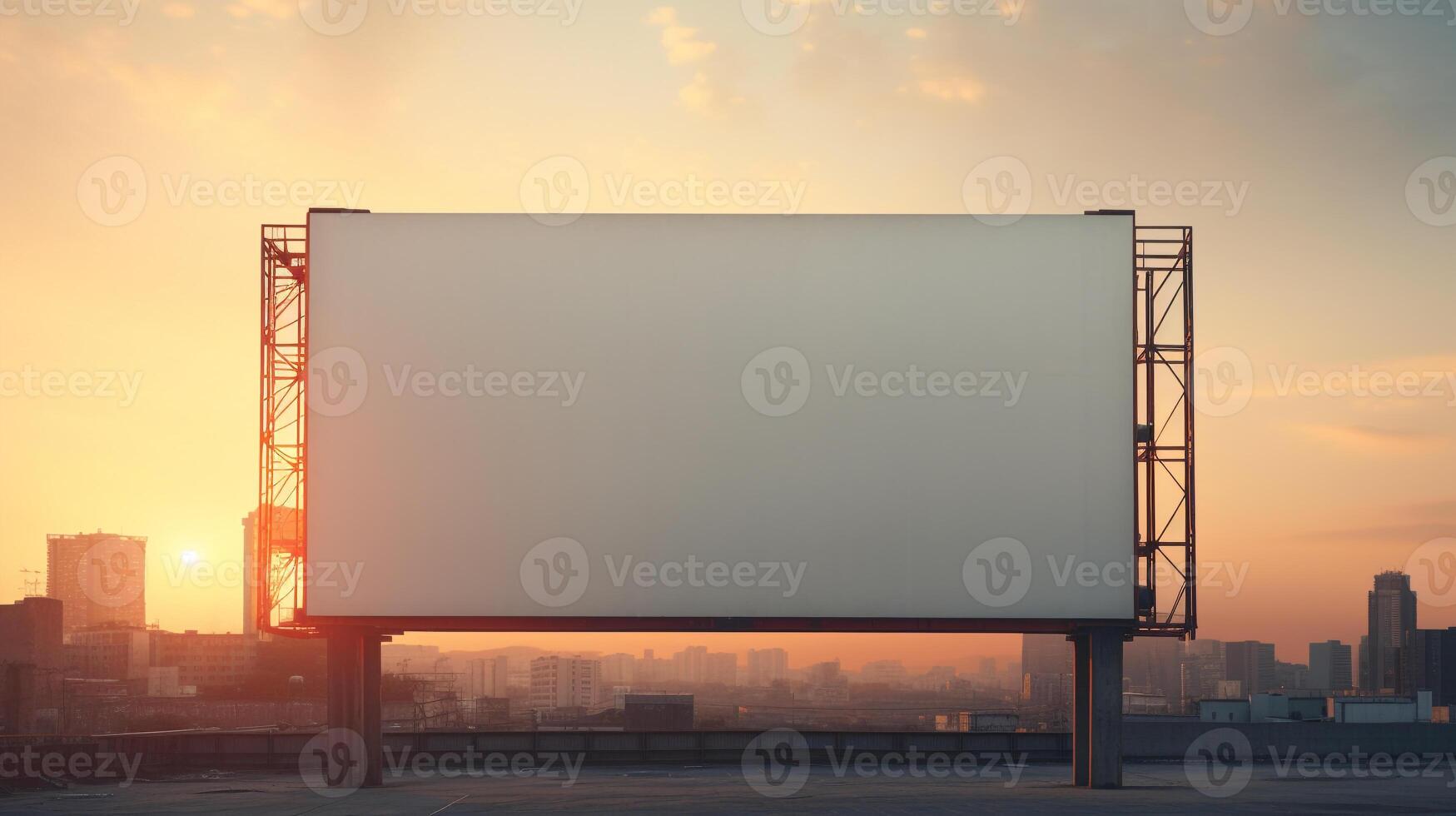 Vibrant sunset forming a fiery backdrop for a blank billboard frame, perfect for bold advertising photo