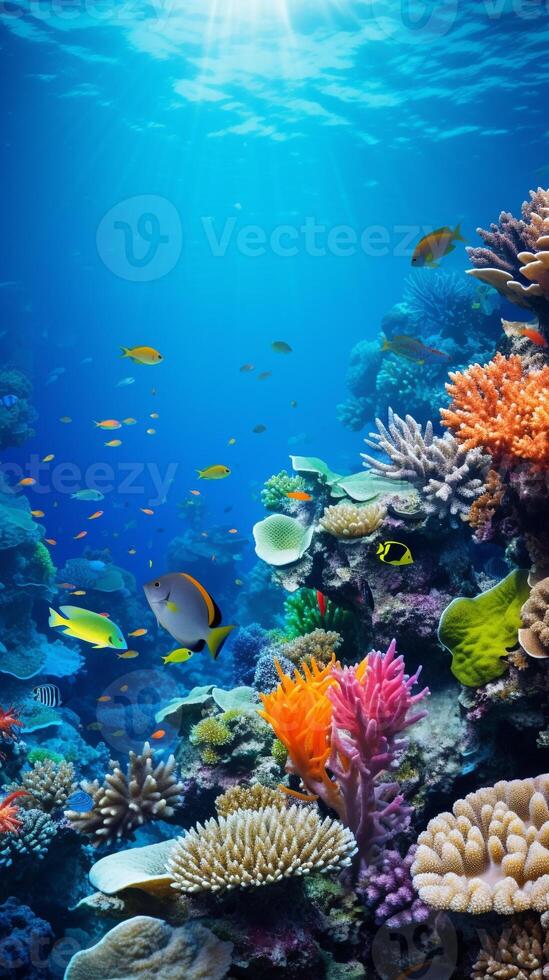 Enchanting underwater scene of a vibrant, multi-colored coral reef teeming with diverse fish photo