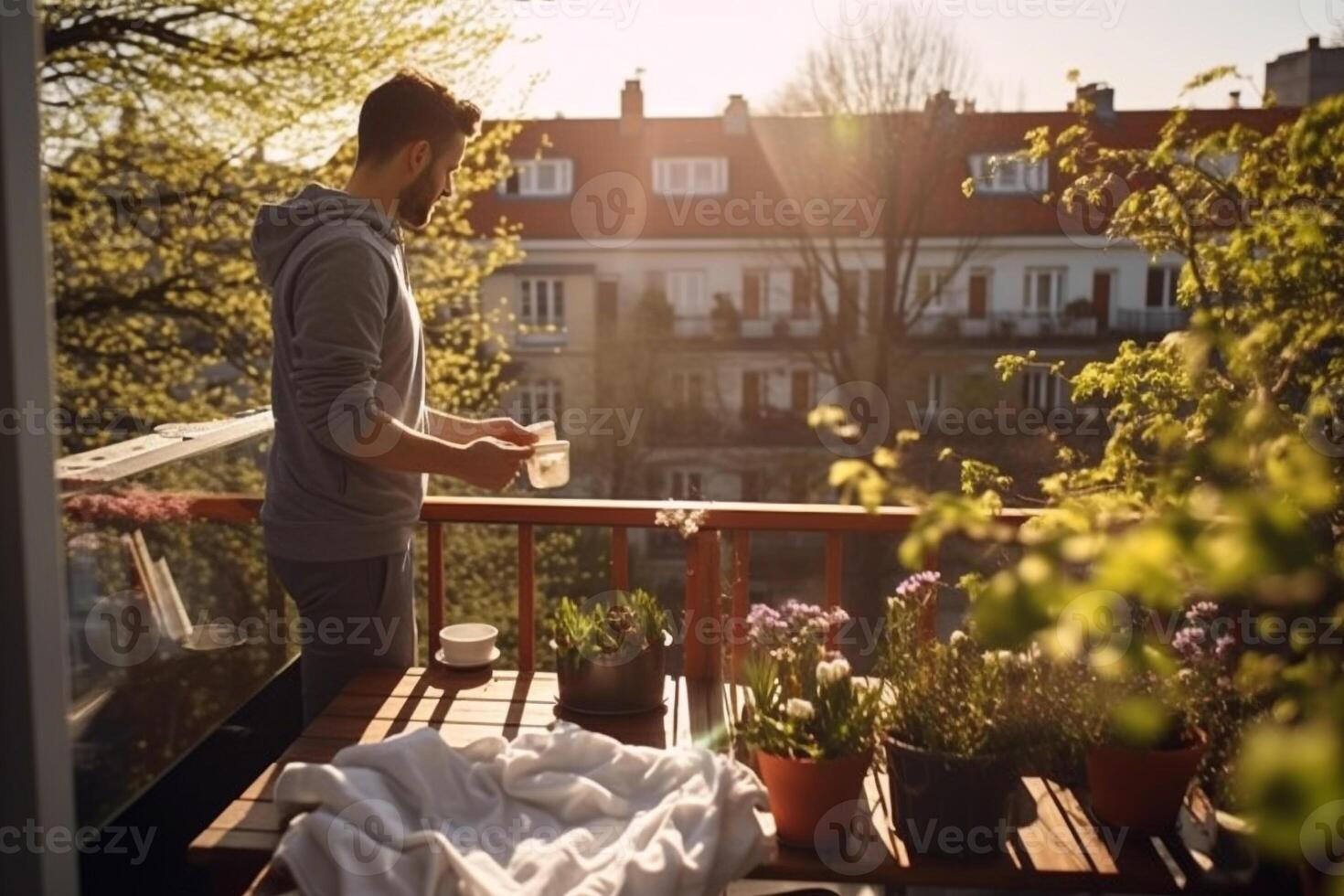 Man embracing a serene morning routine on a sunlit balcony overlooking a vibrant spring garden AI Generative photo