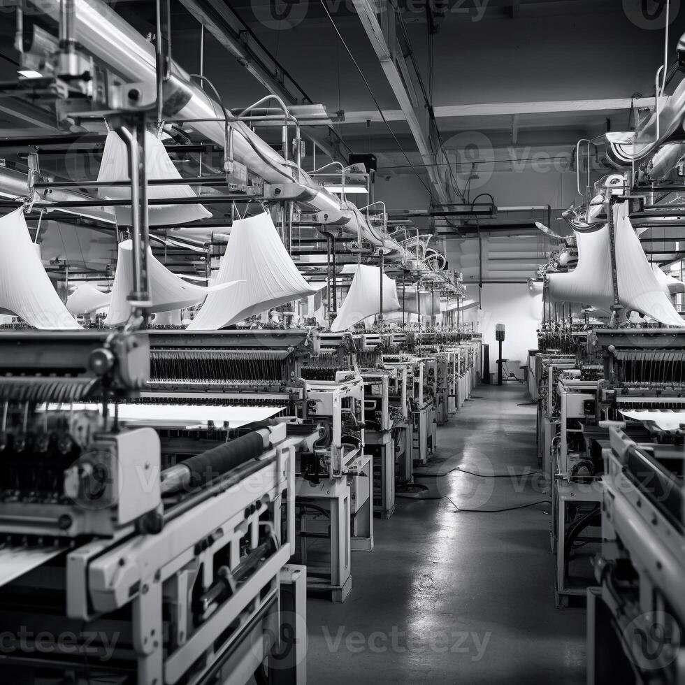 Modern textile factory with automated looms weaving patterns photo