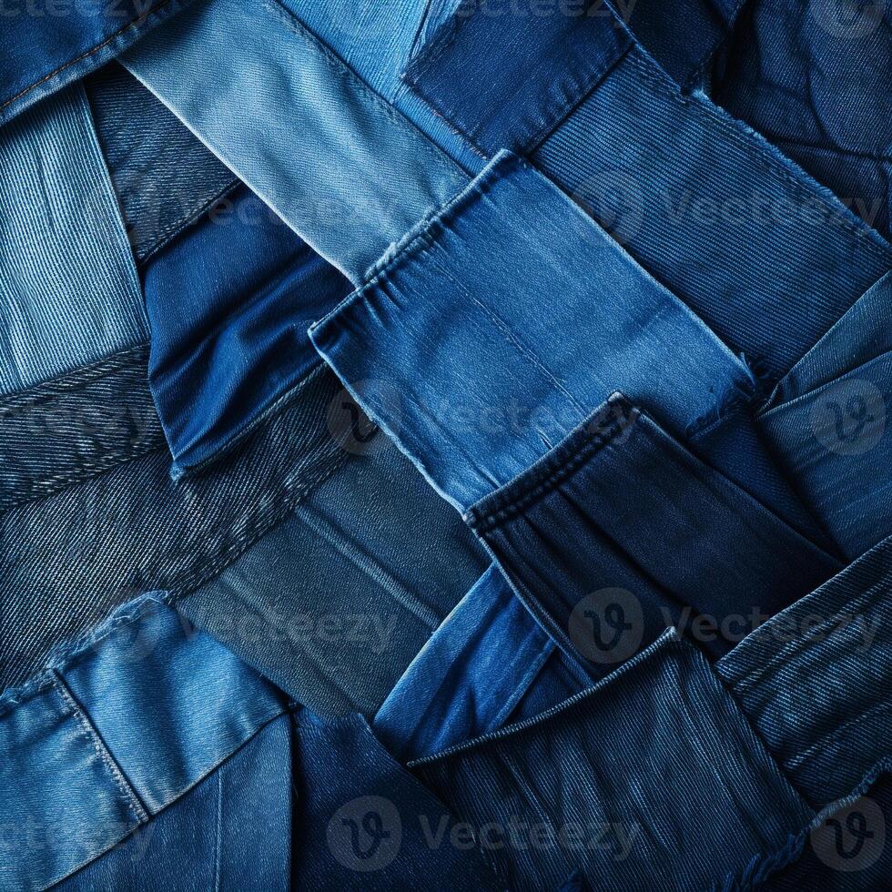 Creative Patchwork of Denim Textures in Various Shades of Blue, Ideal for Youth-centric Fashion Advertisements photo