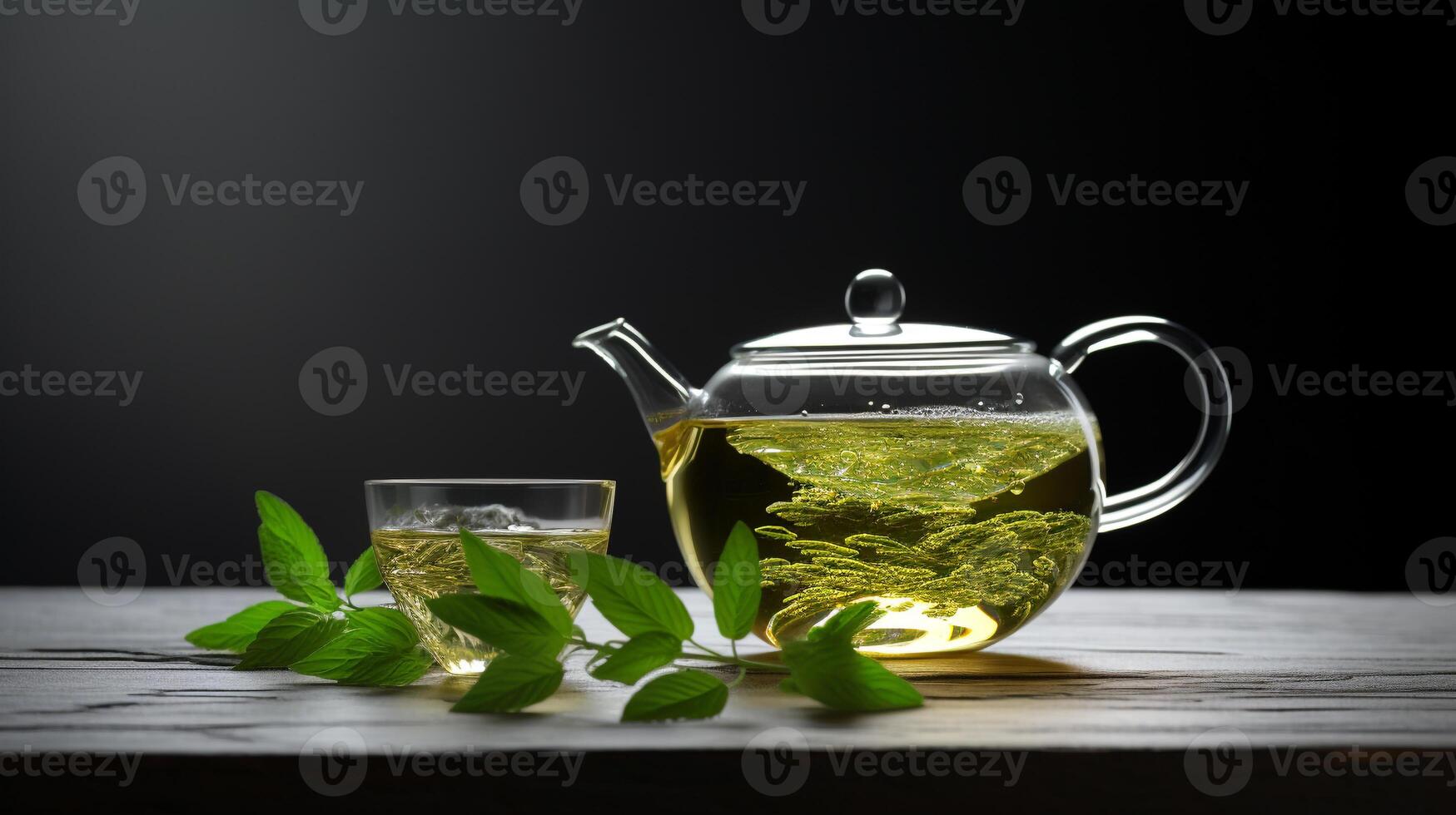 Tranquil Scene of Teapot Pouring Green Tea into Glass Cup on Minimalist Background photo