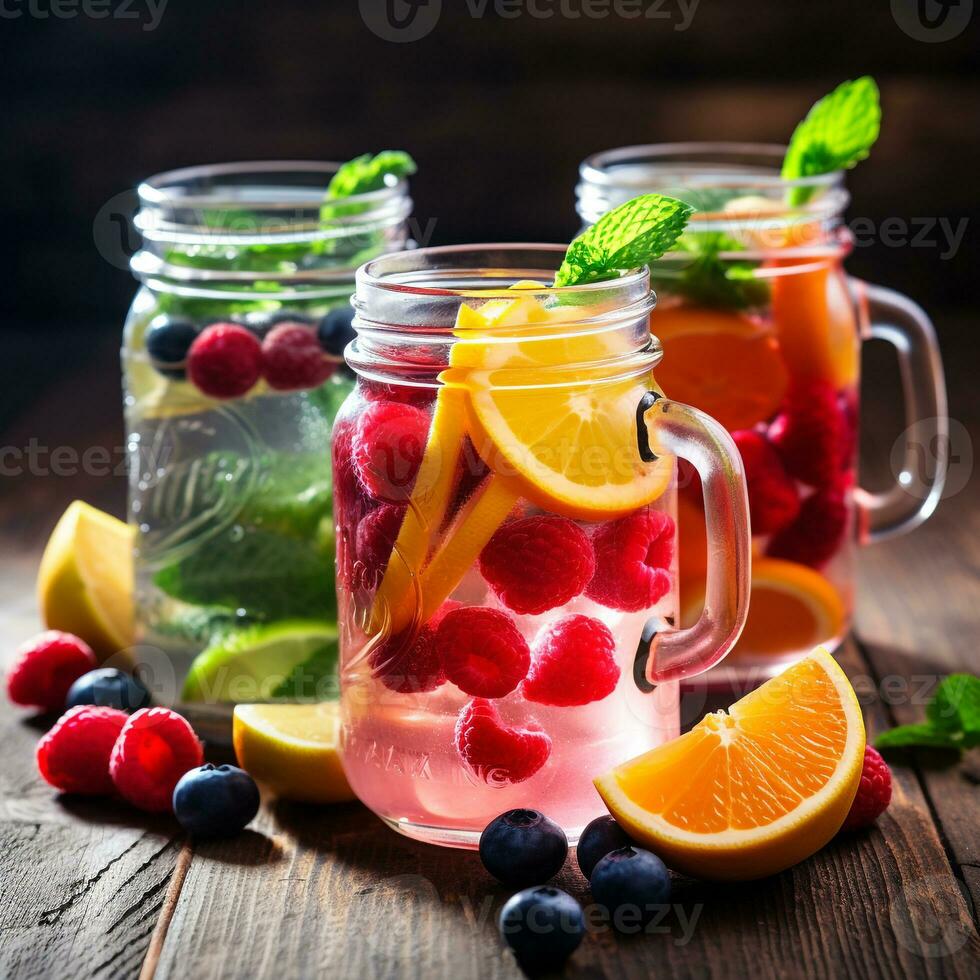 Trendy Assortment of Detox Fruit Water in Vibrant Mason Jars on a Rustic Wooden Tabletop AI Generative photo