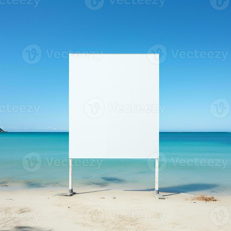 sorprendentes imagen de un blanco cartelera marco en un solitario playa, interminable publicidad posibilidades ai generativo foto