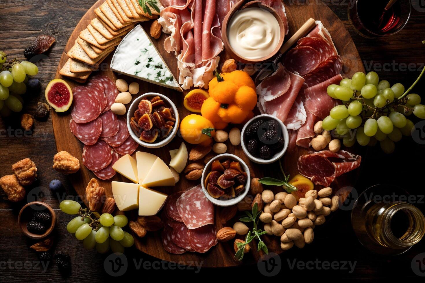 Bird's-eye view of gourmet charcuterie board with meats cheeses fruits and nuts photo