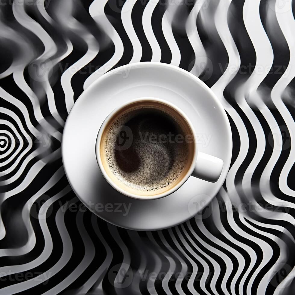 Aerial View of Steaming Coffee Cup on Geometrically Patterned Surface with Ample Copy Space photo