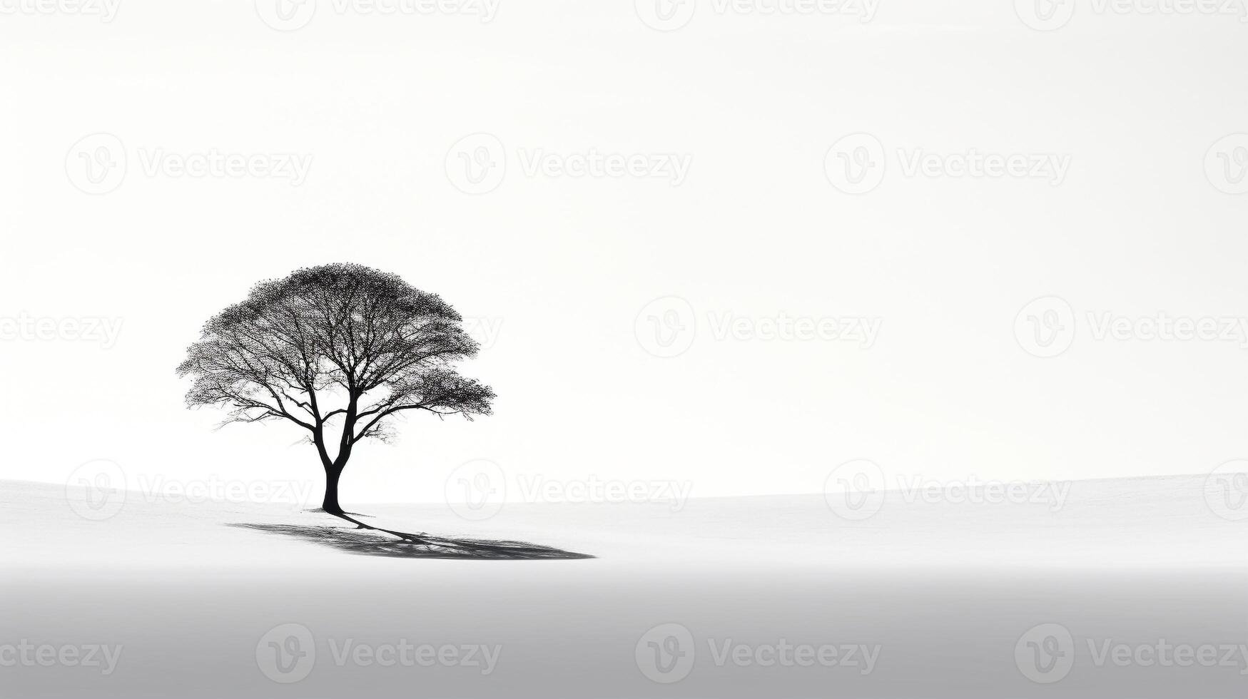 Lone tree casting shadows against stark white background photo