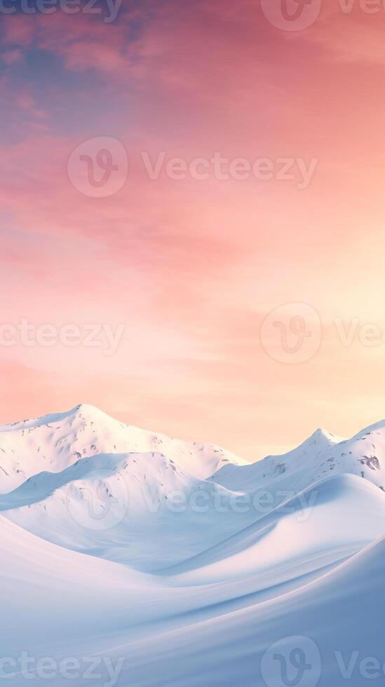 Untouched snowy mountain landscape under the soft glow of a setting sun photo