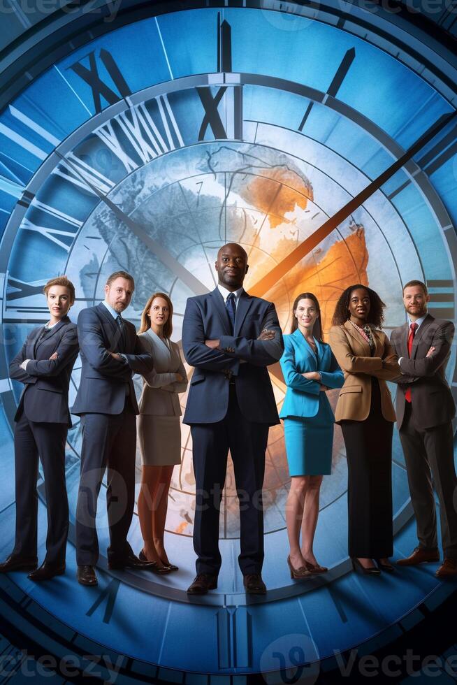 Diverse business team in front of a large, transparent clock with various time zones AI Generative photo