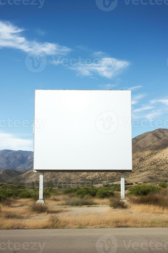 Rural tranquility featuring a blank billboard frame against rolling hills, untapped advertising potential photo