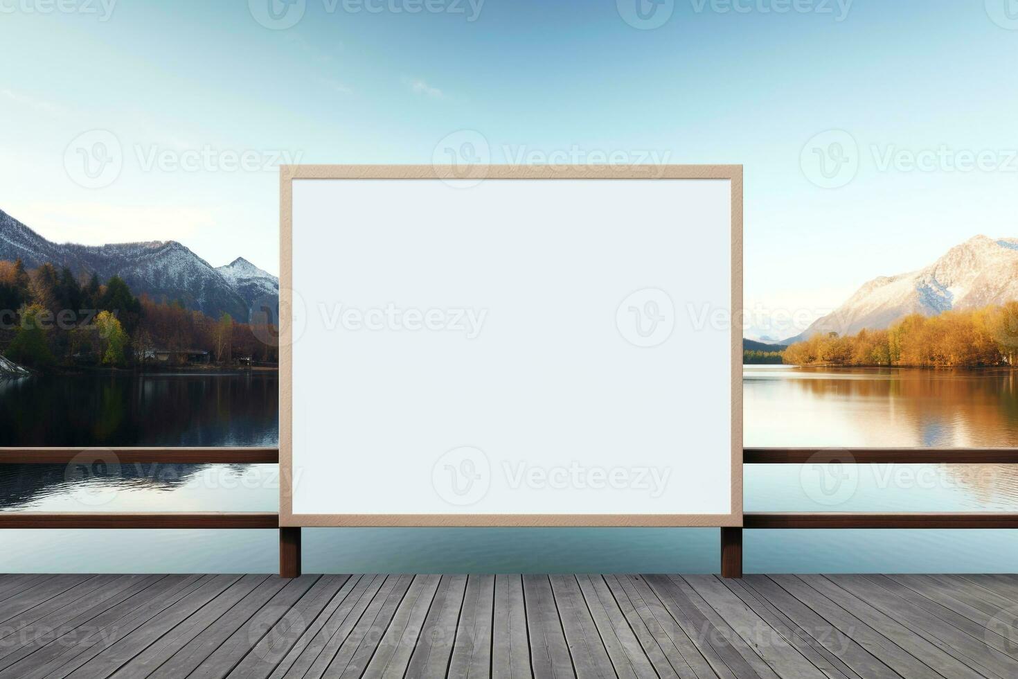 Blank billboard dramatically positioned at the end of a pier overlooking a tranquil lake AI Generative photo