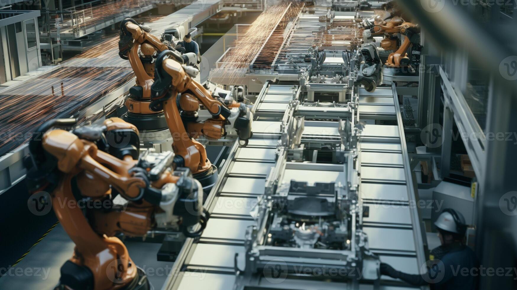 Overhead view of robotic precision on an automotive assembly line photo