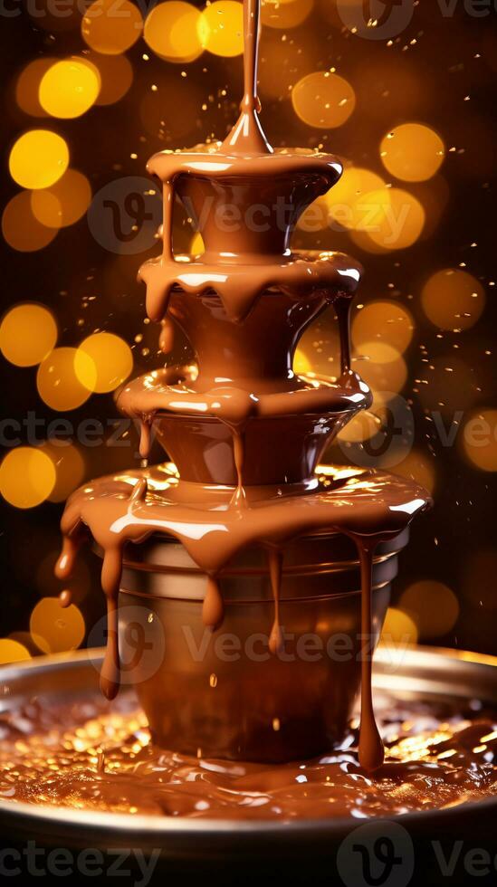 Chocolate Fountain Gushing Against Illuminated Backdrop with Left Copyspace AI Generative photo