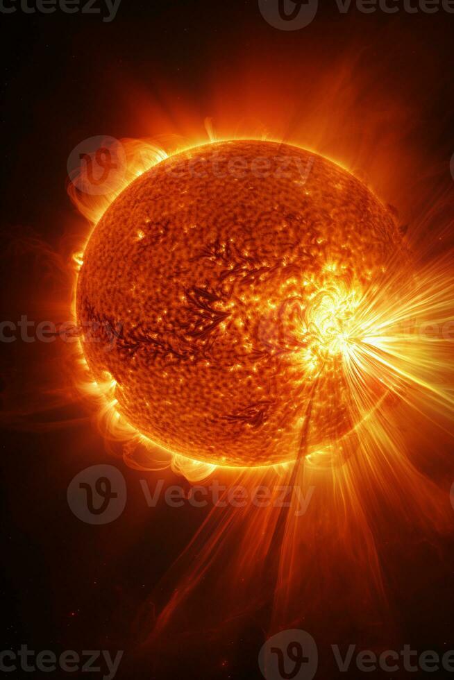 Hyper-realistic image of the sun's surface showcasing the raw power of erupting solar flares AI Generative photo