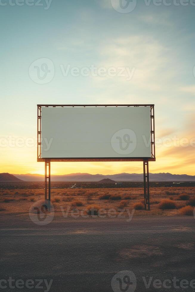 Vibrant sunset forming a fiery backdrop for a blank billboard frame, perfect for bold advertising AI Generative photo