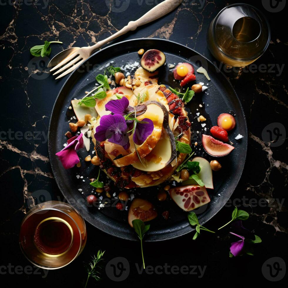 A Delectable Portrayal of Gourmet Artistry Paired with the Finest Beverage for Food Enthusiasts AI Generative photo