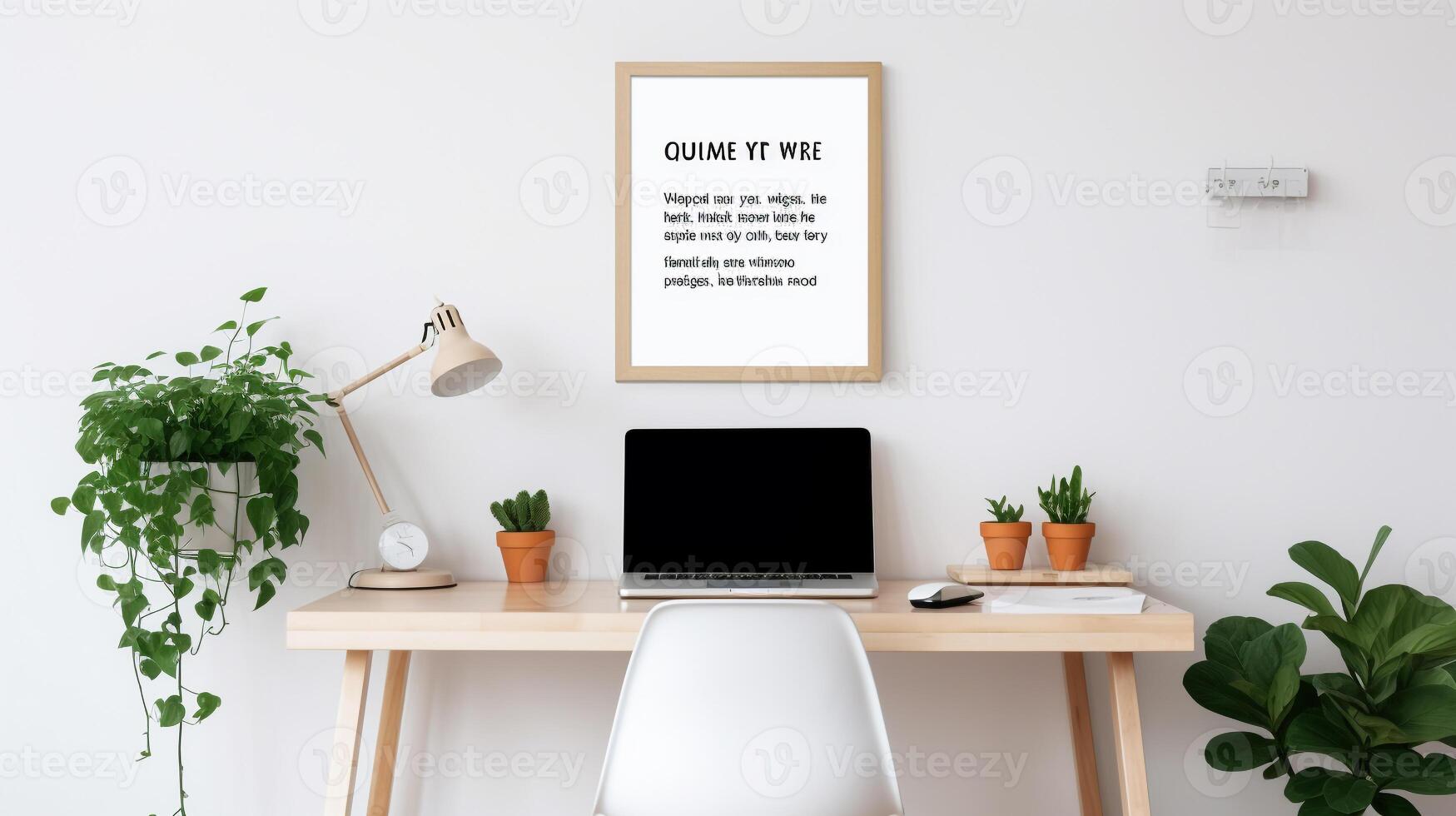 Minimalist and modern home office setup featuring a sleek wooden desk and inspirational wall quote photo