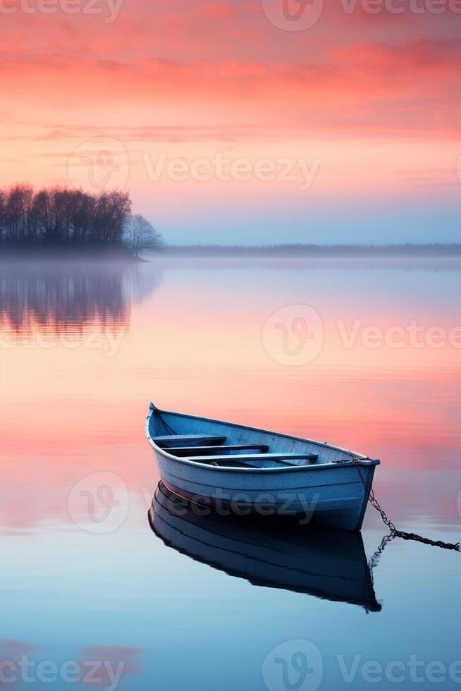 Peaceful dawn over a calm lake with a solitary rowing boat in the distance AI Generative photo