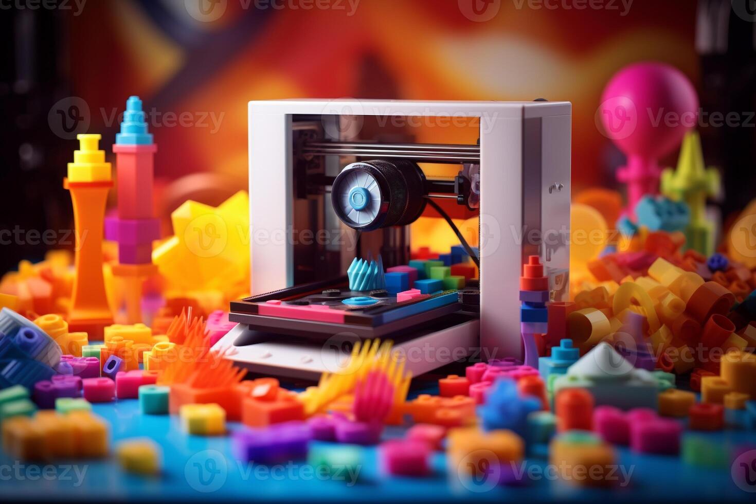 Artistic image of 3D printing process against a colorful backdrop photo