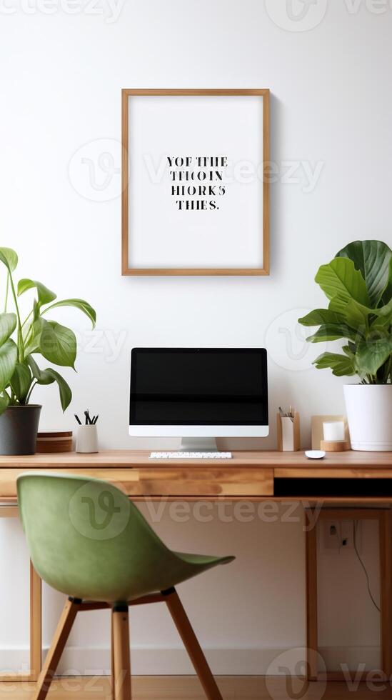 Minimalist and modern home office setup featuring a sleek wooden desk and inspirational wall quote AI Generative photo