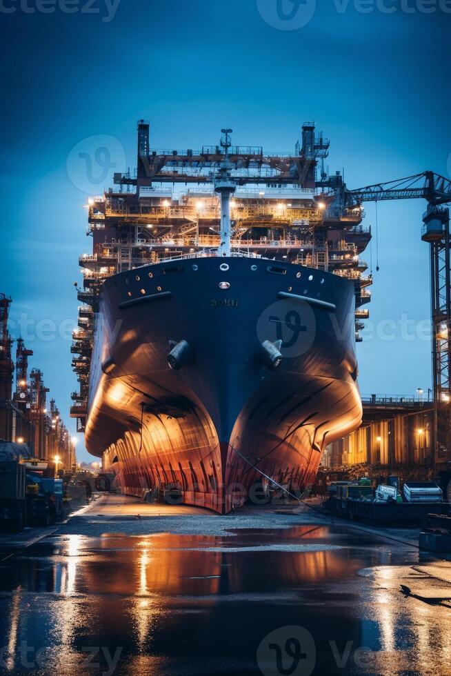 Twilight capture of a massive cargo ship under construction in dry dock photo