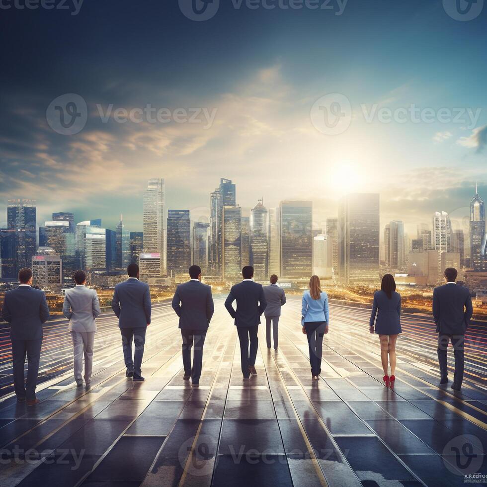Business professionals on the start line of a running track against a cityscape photo