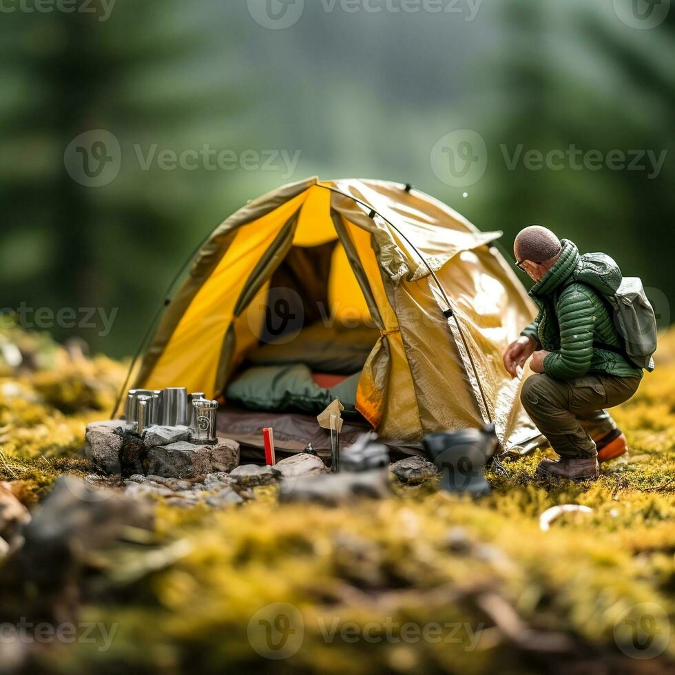 Comedy in Wilderness - Hiker's Amusing Attempt at Toy Tent Pitching AI Generative photo