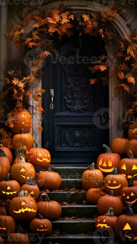 Seasonal Magic Captured in Bright Details of Haunted Houses, Jack-o-Lanterns, and Autumn Leaves AI Generative photo