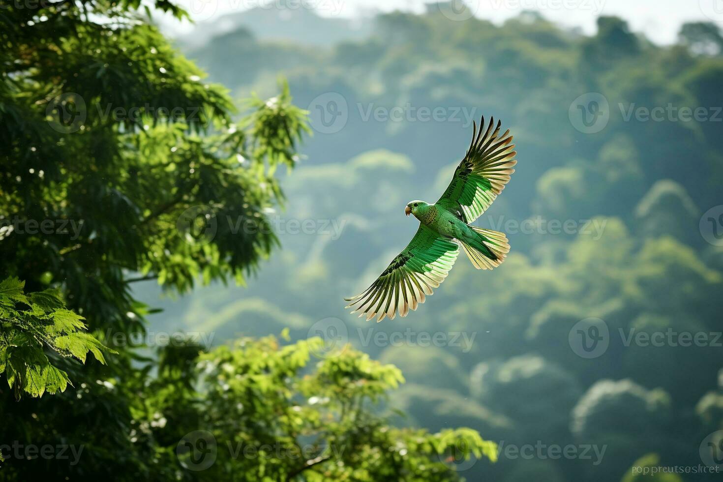 denso, verde esmeralda selva escena con un vibrante loro volador en medio de el follaje ai generativo foto