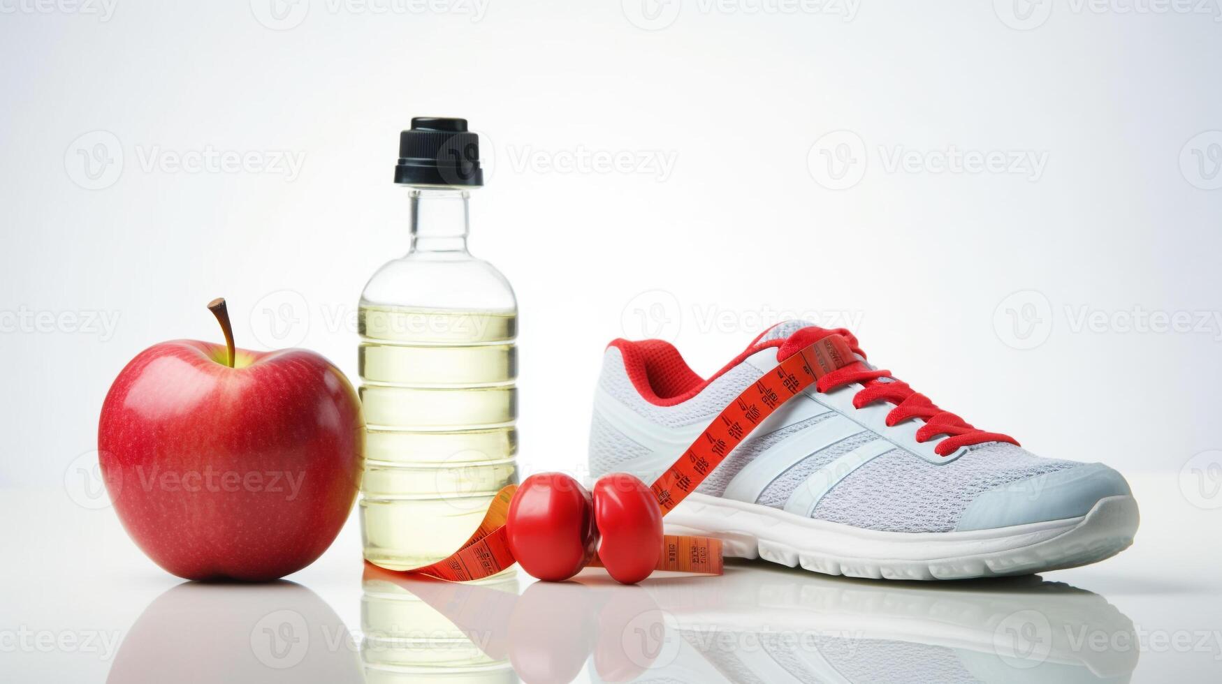 Conceptual health and lifestyle image with running shoes, water bottle, and a heart-shaped measuring tape symbol photo