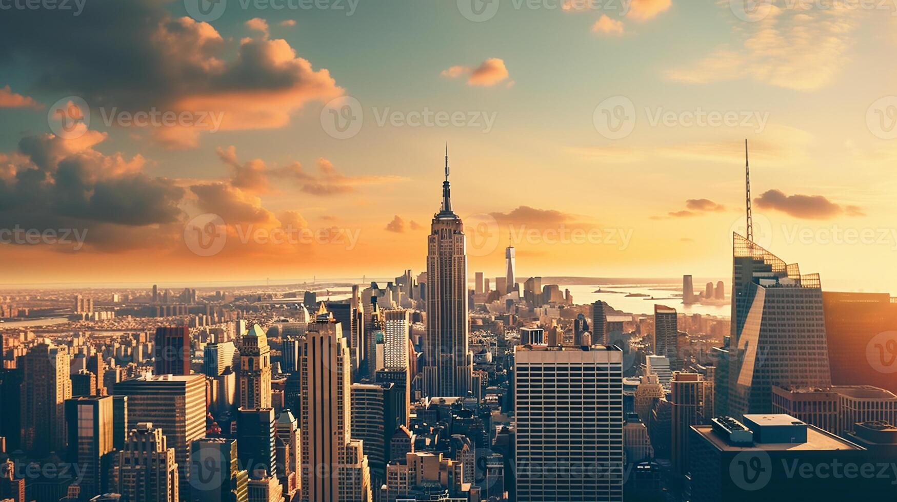 Vibrant panoramic cityscape of New York at sunset with iconic skyscrapers and generous copy space photo