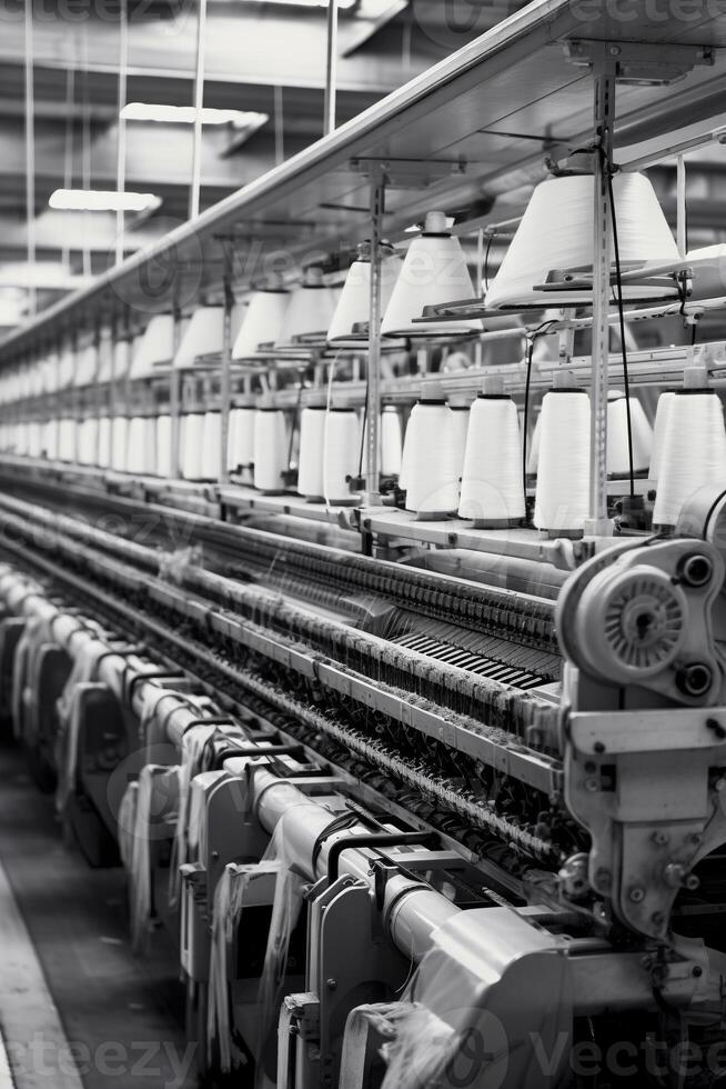 Modern textile factory with automated looms weaving patterns photo