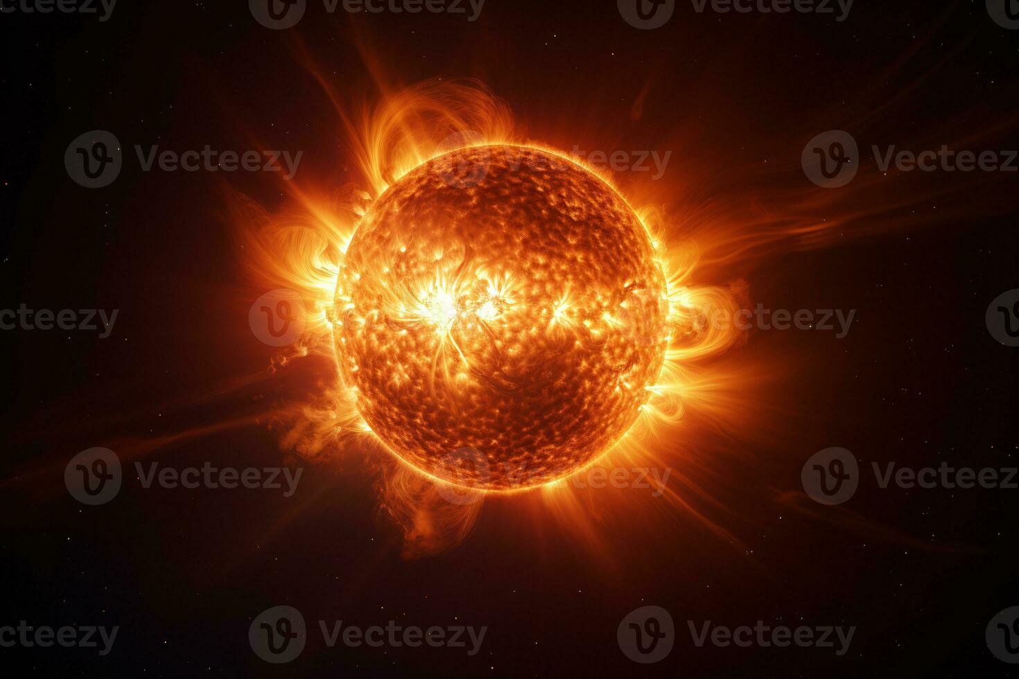 Hyper-realistic image of the sun's surface showcasing the raw power of erupting solar flares AI Generative photo