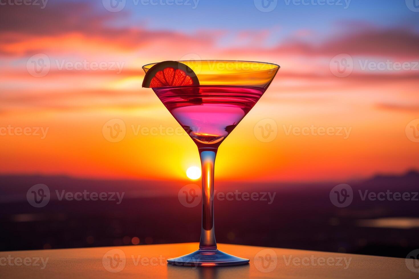 Breathtaking Sunset View with a Colorful Layered Cocktail Glass Offering Copy Space photo