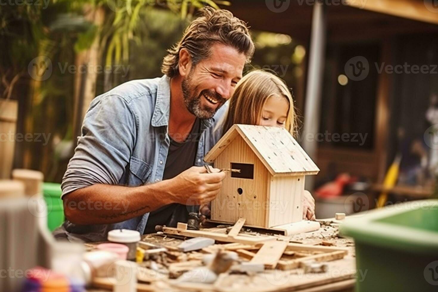 Father-daughter bonding time over a creative DIY birdhouse project in the backyard AI Generative photo