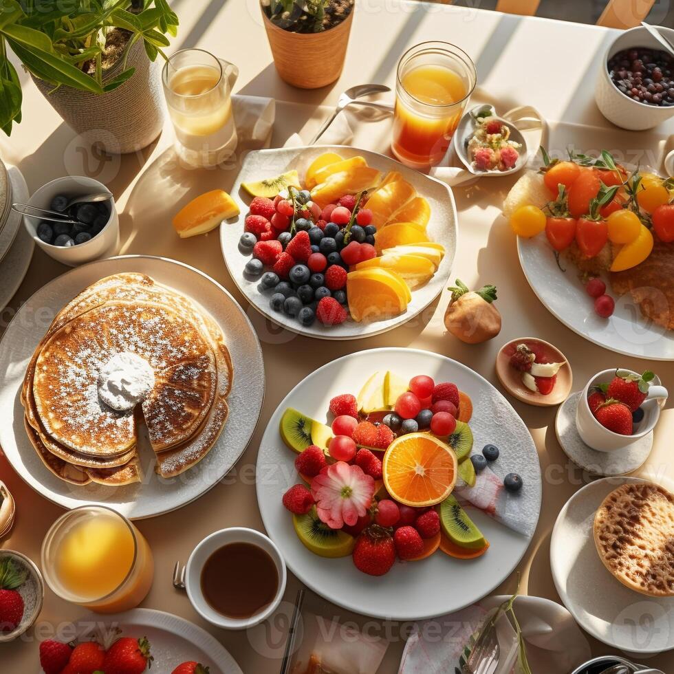 Inviting communal breakfast setting, photographed from above, illuminating the joy of sharing meals in the morning light AI Generative photo