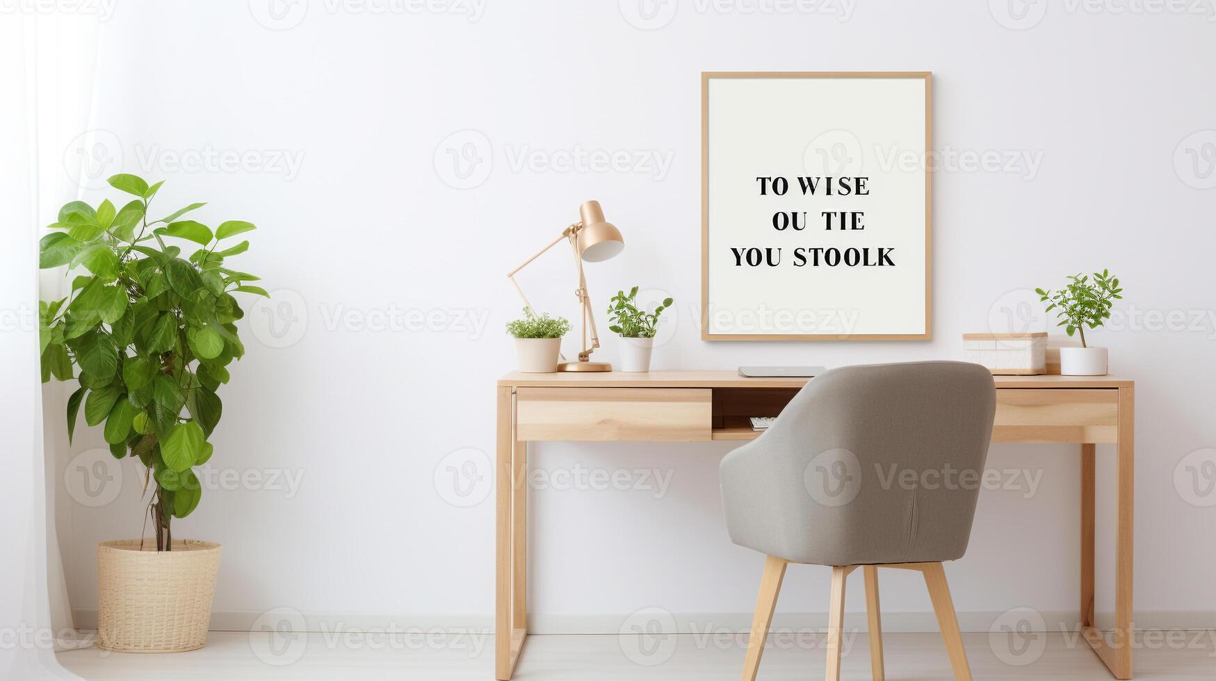 Minimalist and modern home office setup featuring a sleek wooden desk and inspirational wall quote photo